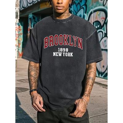 Мужская винтажная графическая футболка Brooklyn 1898 New York - Плотный стираный хлопок, свободный крой, круглая горловина, короткий рукав, дышащая и удобная
