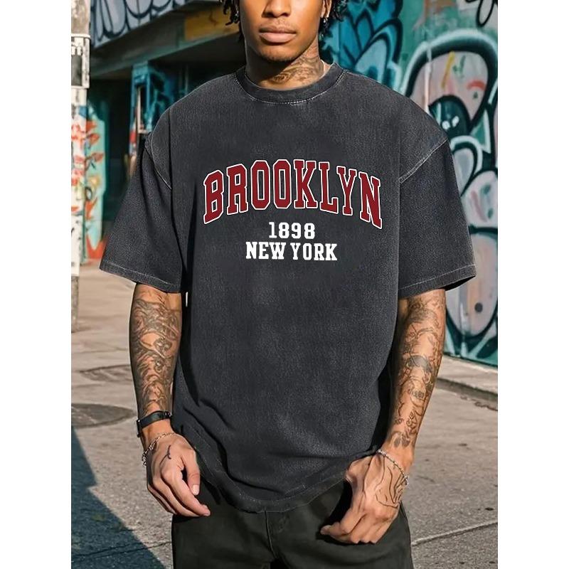 Мужская винтажная графическая футболка Brooklyn 1898 New York - Плотный стираный хлопок, свободный крой, круглая горловина, короткий рукав, дышащая и удобная