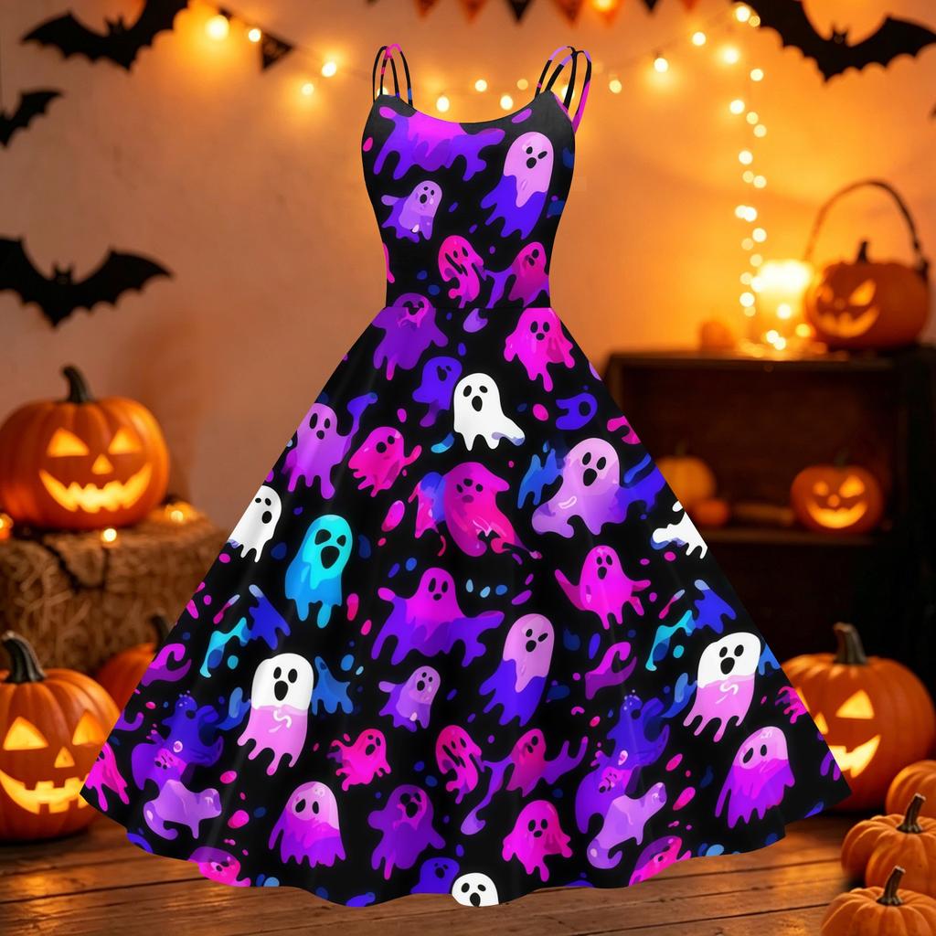 Women's Halloween Pumpkin Print Off Shoulder Dress Vintage Punk Style Flared Skirt Sleeveless Spaghetti Strap Dress
