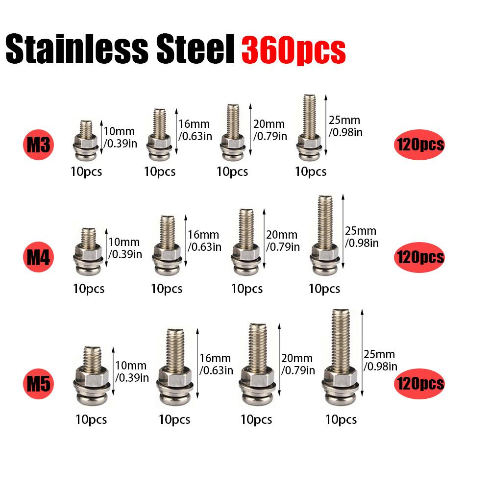 360-piece stainless steel Phillips head machine bolt and nut set, M3/M4/M5, suitable for DIY and home repair and maintenance.