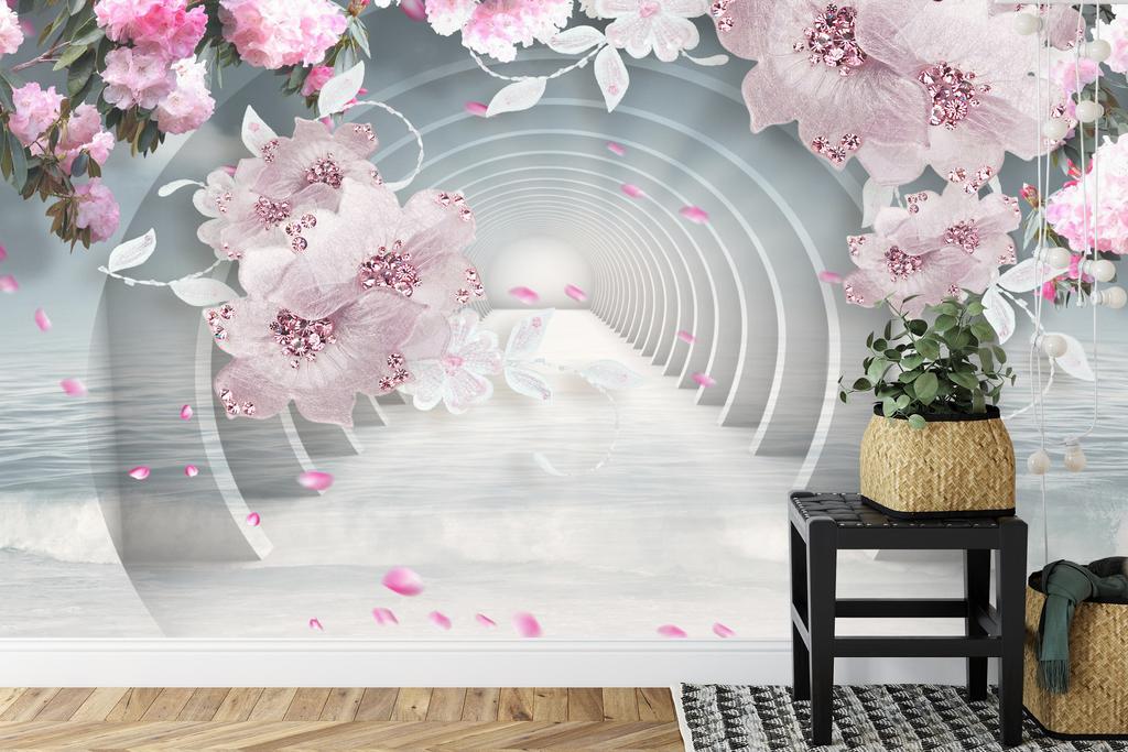 Photomural 3D Wallpaper Pink Jewelry Flowers Self-Adhesive Mural 315x210