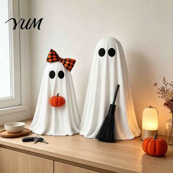 Rustic Plaid Bow Decor 2 Pcs Spooky Ghost Halloween Decoration, Cute Standing with Broom Farmhouse Tabletop Ornaments And Pumpkin for Indoor
