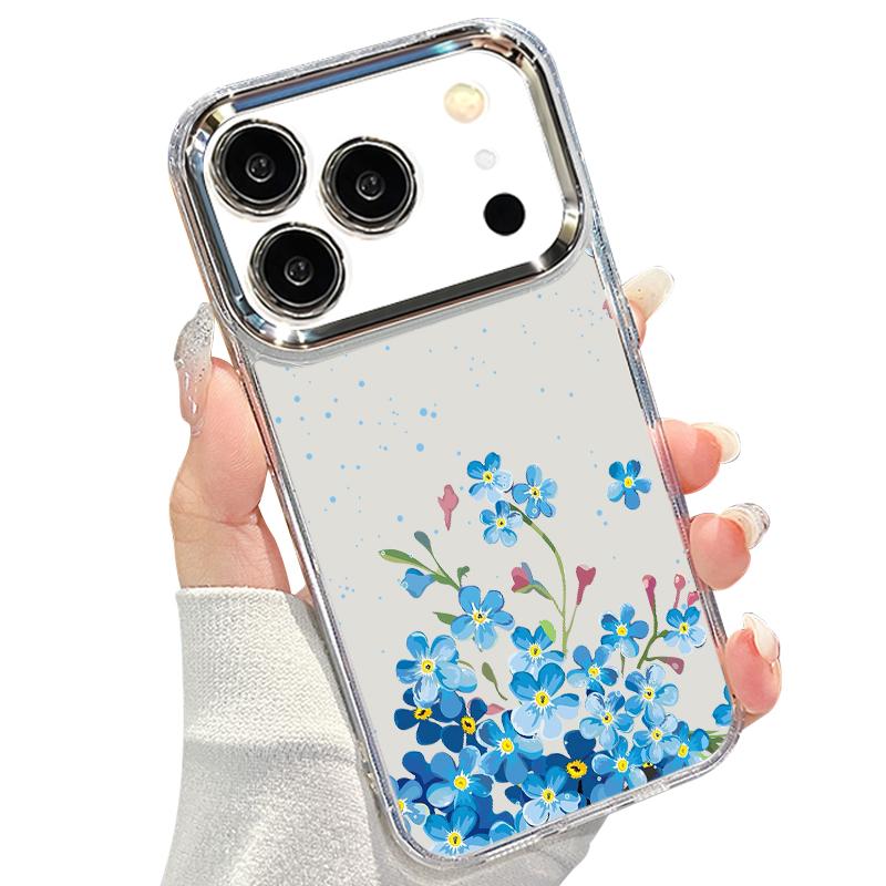 Чехол с сине-фиолетовым цветочным узором для iPhone 17 Pro Max, покрытие рамки камеры, прозрачная мягкая крышка для iPhone 16 15 14 13 Pro Max 11 16E 17E