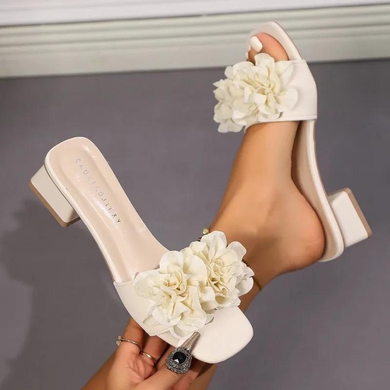 Женская обувь с открытым носком, женские тапочки, модные туфли, женские цветочные туфли с острым носком, на низком каблуке, современные сандалии больших размеров