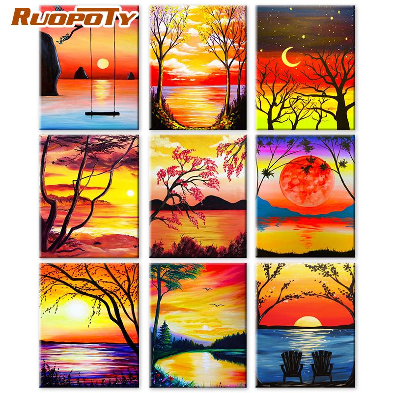 RUOPOTY Картина по номерам, пейзаж заката, рисунок на холсте, ручная роспись, домашний декор, подарок, картина по номерам, наборы для морского пляжа