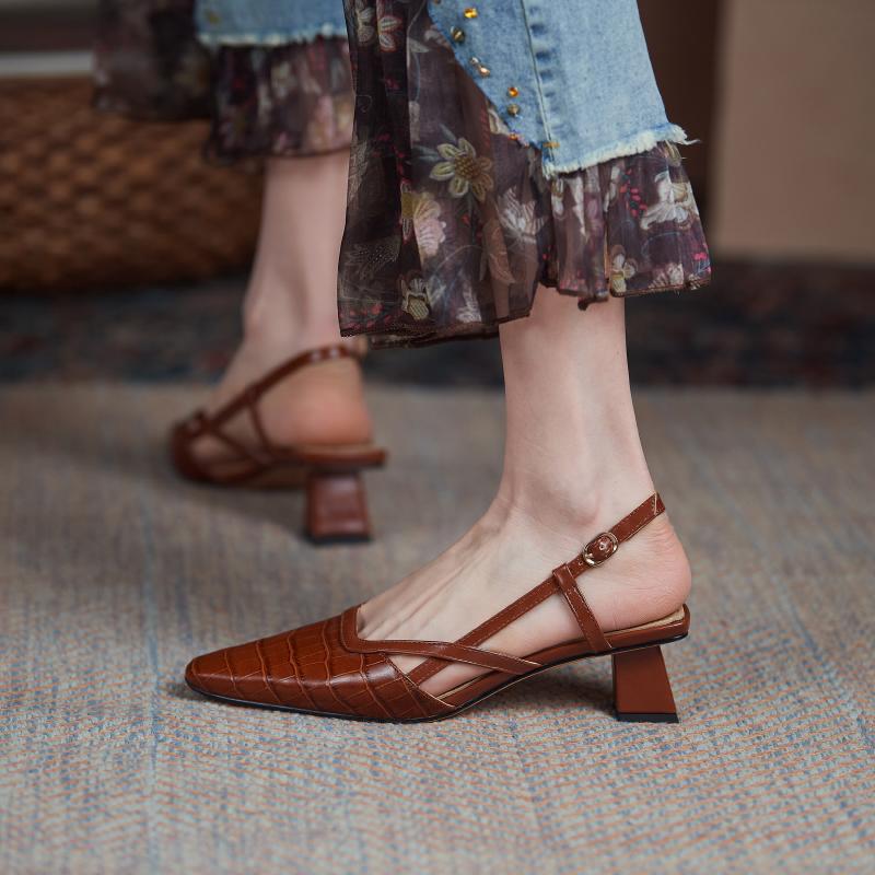 Мода 2025 Весна Лето Женские Сандалии Элегантные Лаконичные Офисные Леди Квадратный Носок Высокий Каблук Обувь из Натуральной Кожи Женские Туфли-Лодочки Сандалии