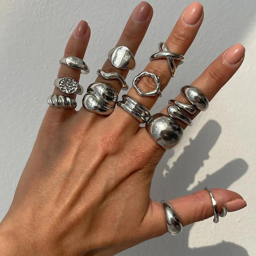 14pcs/set Vintage Metal Rings For Women Men Gift Fashion Punk Hip Hop Gold Silver Color Irregular Knuckle Joint Ring Set