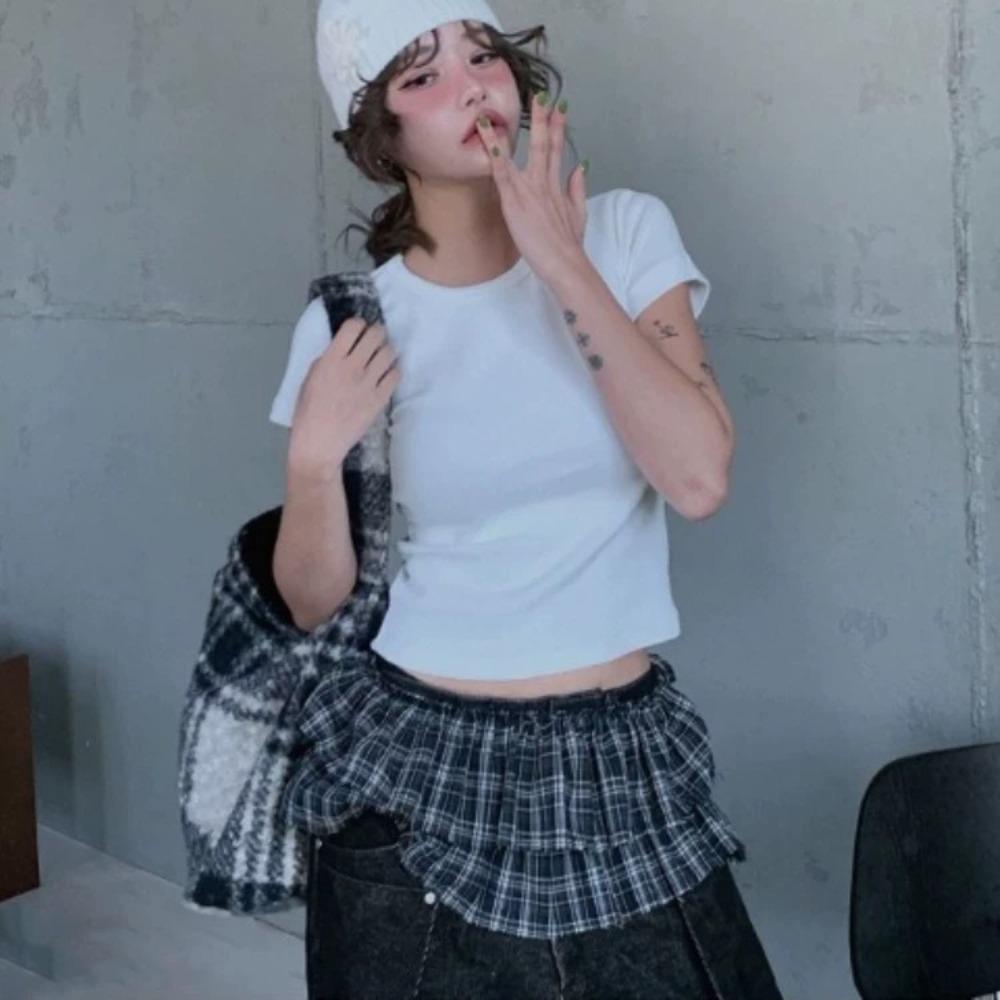 Hip-hop Layer Outfits Plaid Skirt Shirt Extender Ruffled Edge Waistband Jeans Decor
