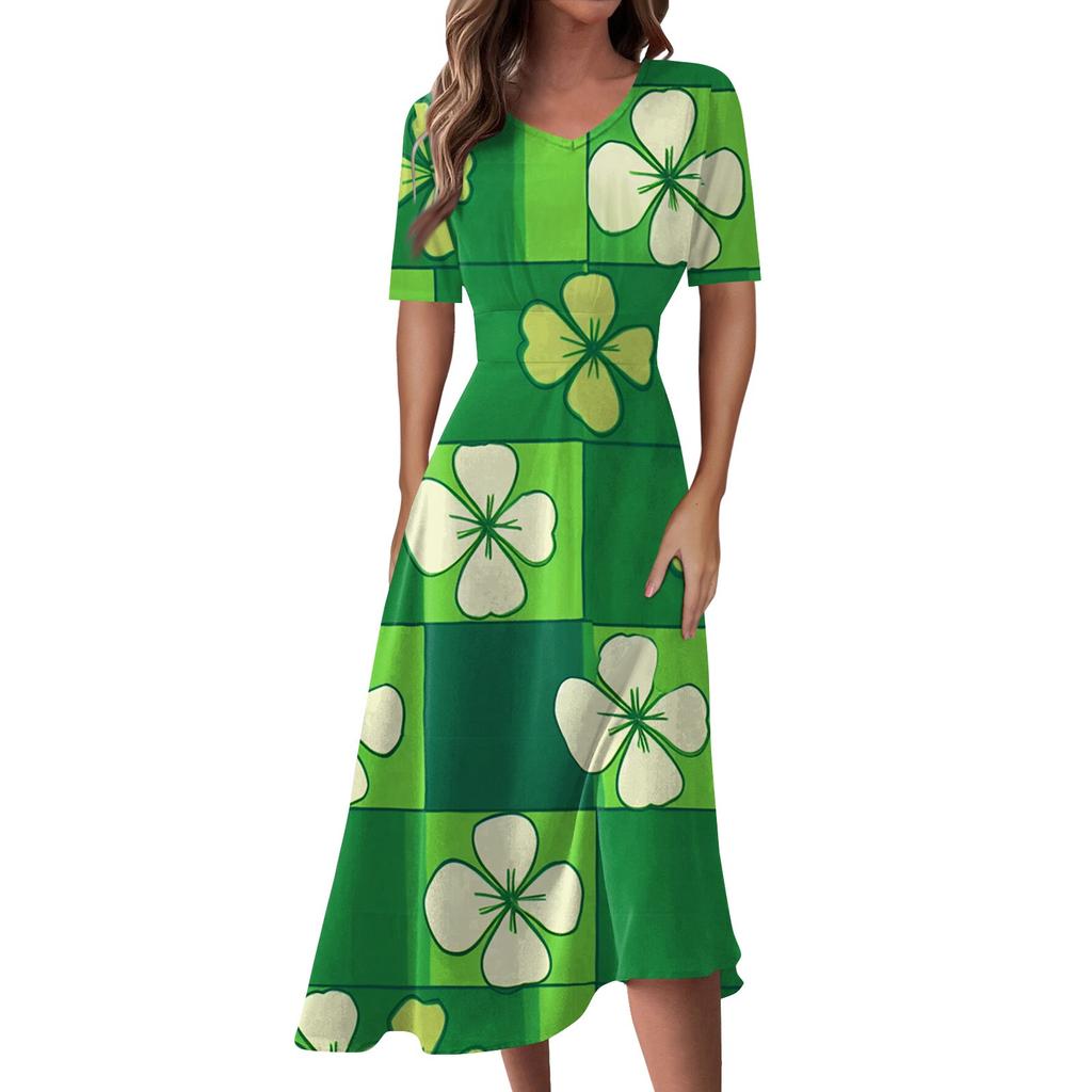 Женская повседневная мода St. Длинное свободное платье с принтом ко Дню Святого Патрика, V-образным вырезом, короткими рукавами и талией