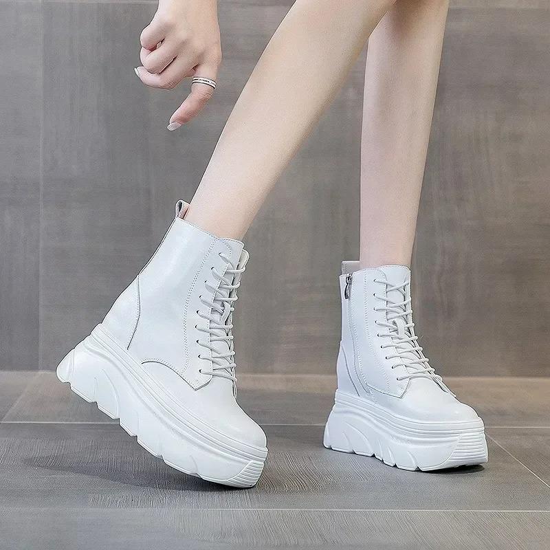 Women White Ankle Boots Increase Height Thick Sole Winter Outdoor Leisure Shoes For Girls Spring Autumn Motorcycle Booties Mujer
