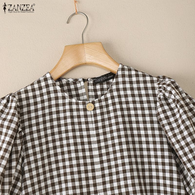 ZANZEA Женское повседневное платье с круглым вырезом, коротким рукавом и летним принтом в клетку