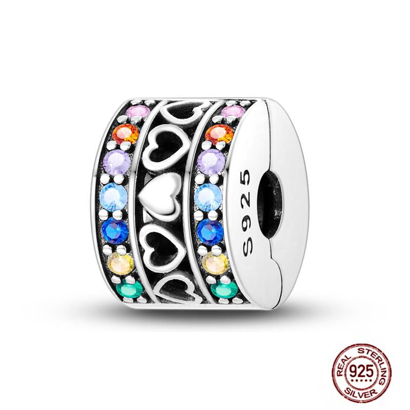 Round 925 Copper Clasp Pave Clip Charms Blue Star Moon Butterfly Slide Safety Chains Spacer Beads Fits Original Bracelet Zircon