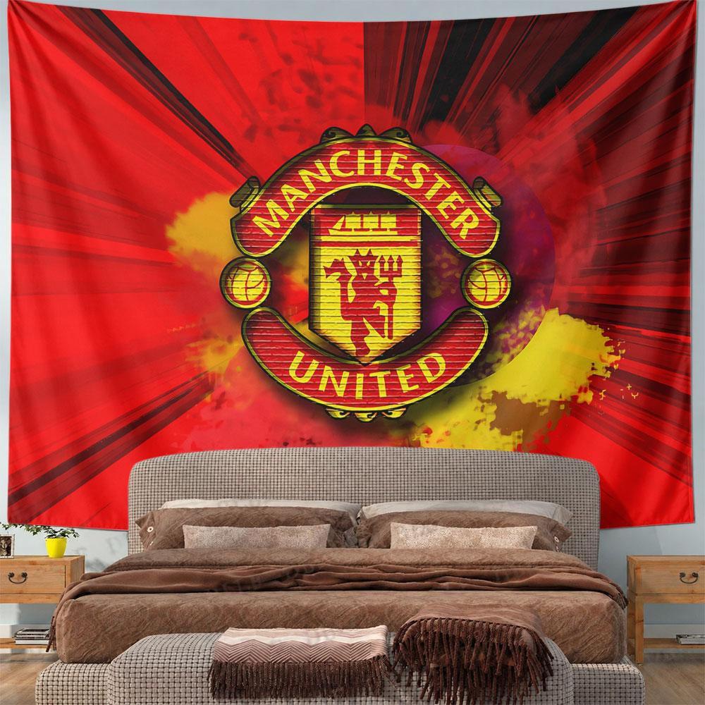 A vibrant Manchester United logo on a red and yellow burst background. Patterned tapestry for bedroom and living room home decor