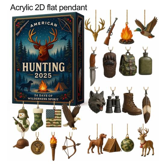 Американский охотничий адвент-календарь 2025 24 дня до Рождества с 2D сюрпризами на охотничью тематику и мини-амулетами для выживания
