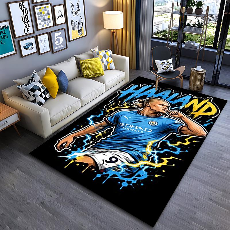 Sports Area Rug, Erling Haaland Man City 9 Cartoon Lightning Electric Poster, Fan Cave Decor, Non-Slip Mat
