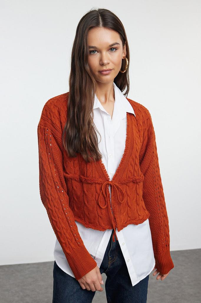 Женский модный стильный кардиган с укороченным галстуком и детальным трикотажным кардиганом