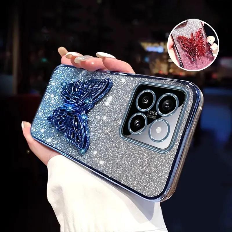 3D Держатель для телефона в виде бабочки, Хрустальный браслет, Чехол с блестящим покрытием для Xiaomi Mi 14 Ultra 13 12 11 Lite Pro, Задняя крышка
