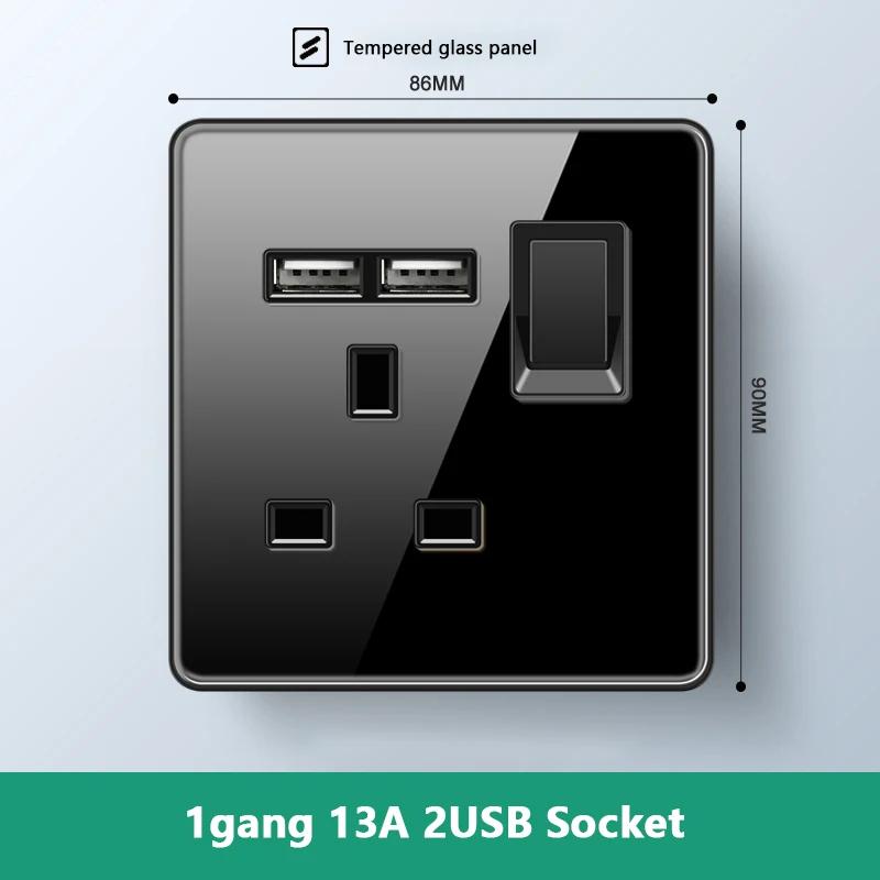 Роскошный настенный выключатель света из закаленного стекла, черная вилка UK 13A, универсальная настенная розетка с USB, 220 В, 1-канальный двухпозиционный переключатель скорости