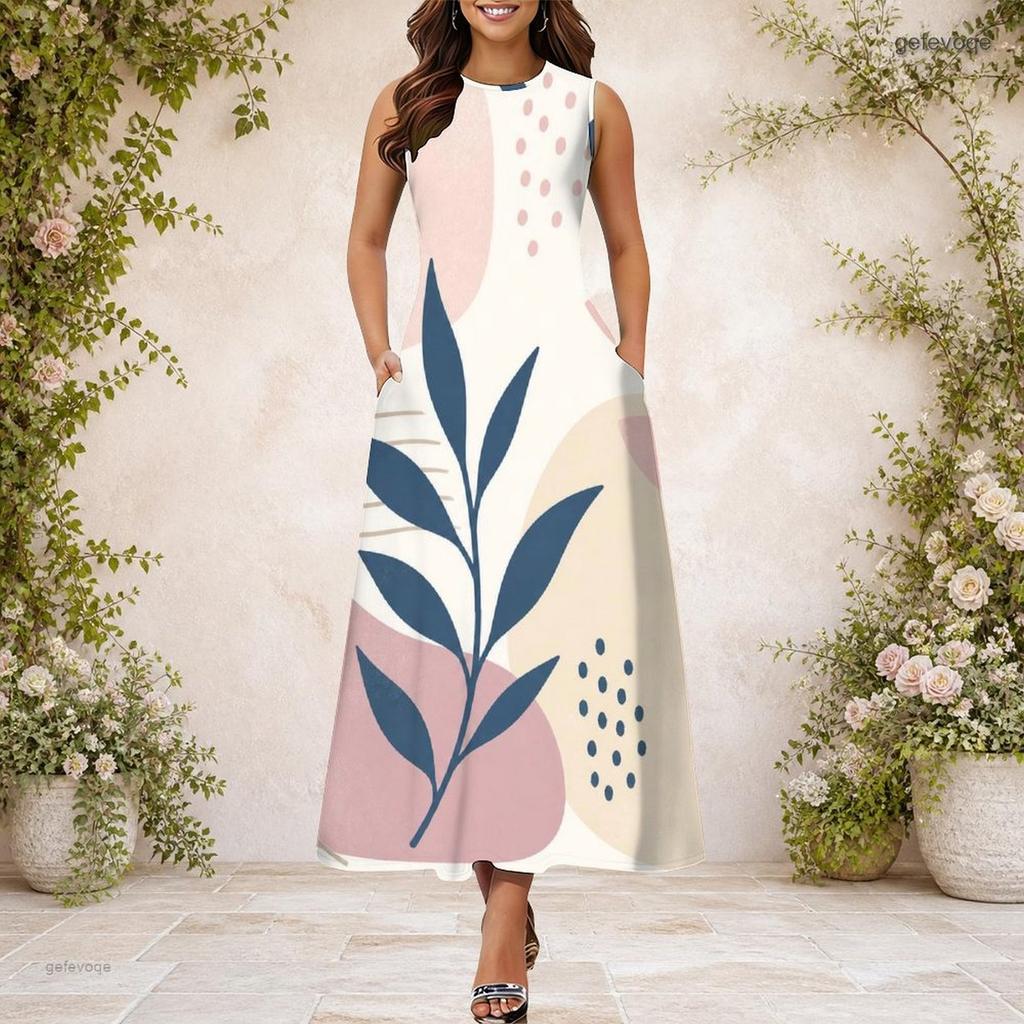 Women Plus Size Round Neck Sleeveless Abstract Printed A Line Maxi Dress With Side Pockets