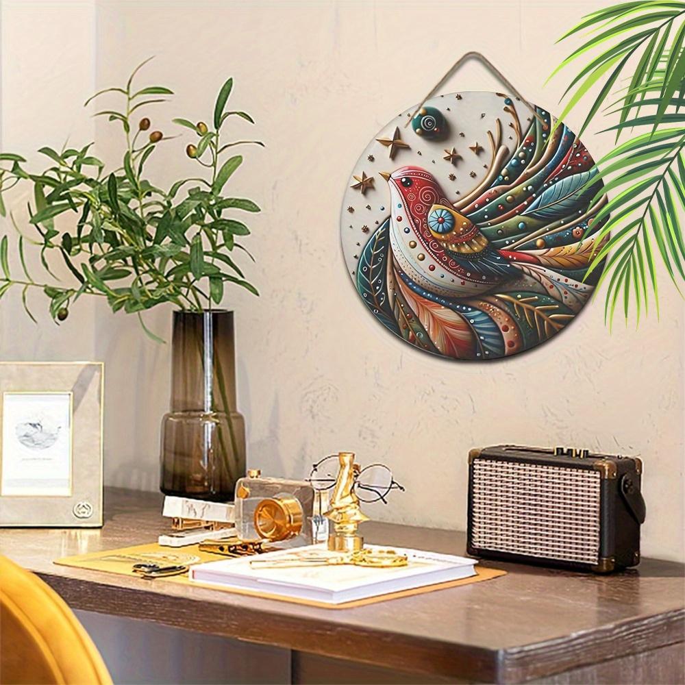 Wood 1pc 2D Colored Feather Bird Stars Wooden Porch Wreath Hanging Print Sign for Sports Fans Painting Home Fence for Door, Wall, Home, Room