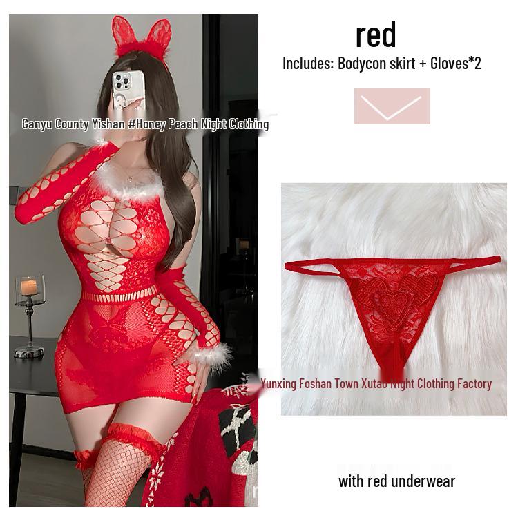 Sexy Red Mesh Cutout Dress Lingerie for Romantic Holidays