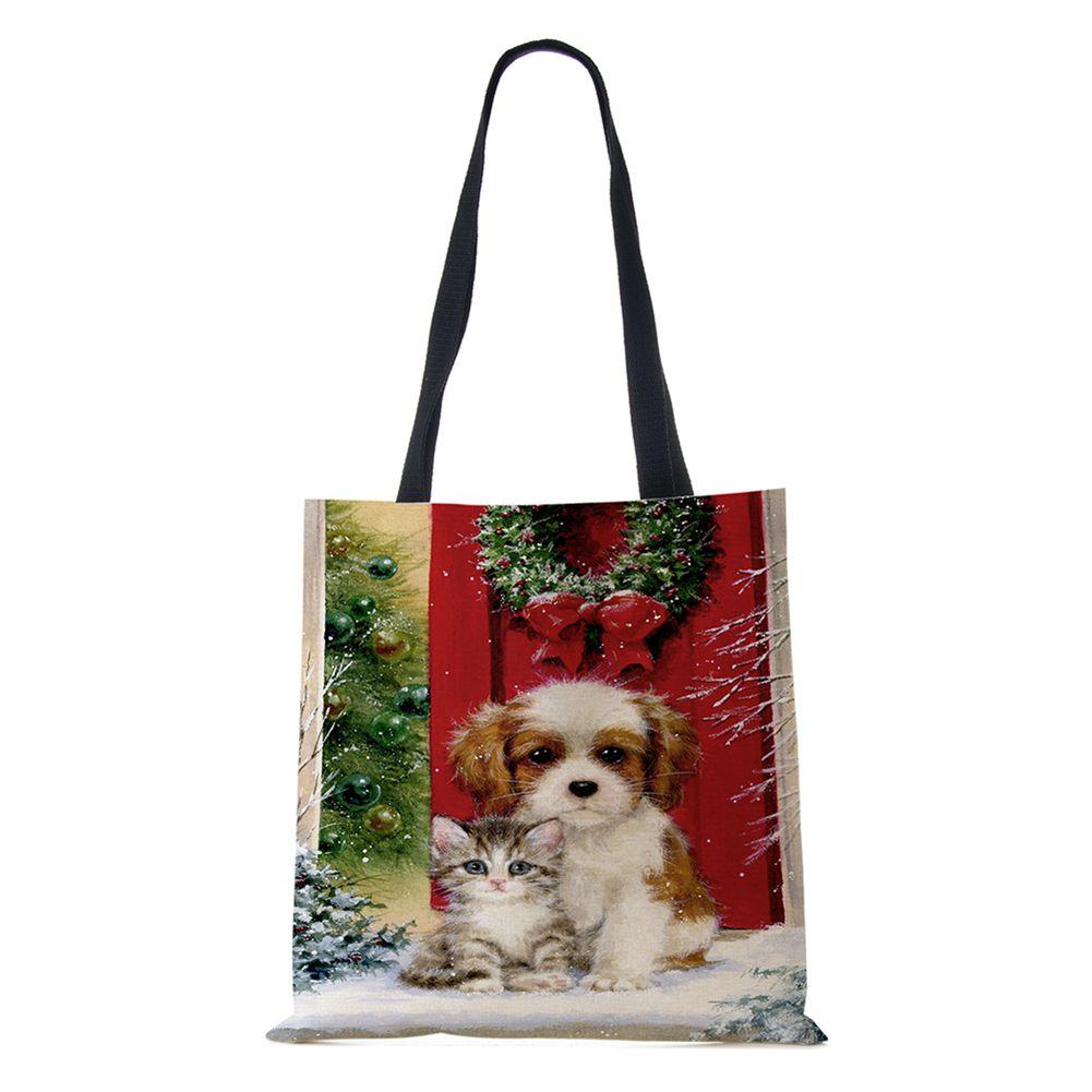 Рождественская елка Подарок Харадзюку Холщовая сумка-шоппер Рождественская собака Женская многоразовая сумка через плечо Большая вместимость Складная сумка для хранения KTY