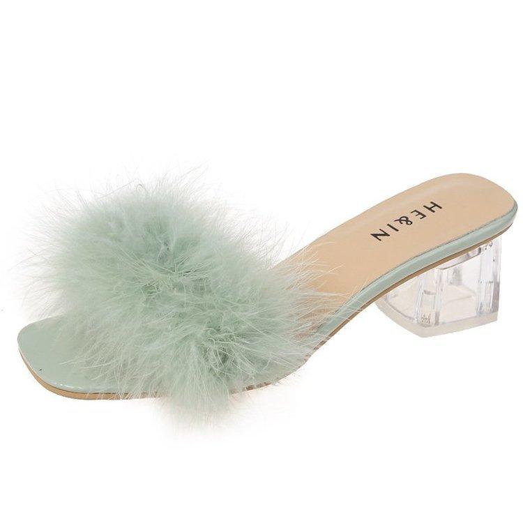 Fashion Mules Sandal Women Summer Outdoor Fashion Slippers Square Toe High Heels Office Ladies Feather Slides Chic Classics Furry Shoes