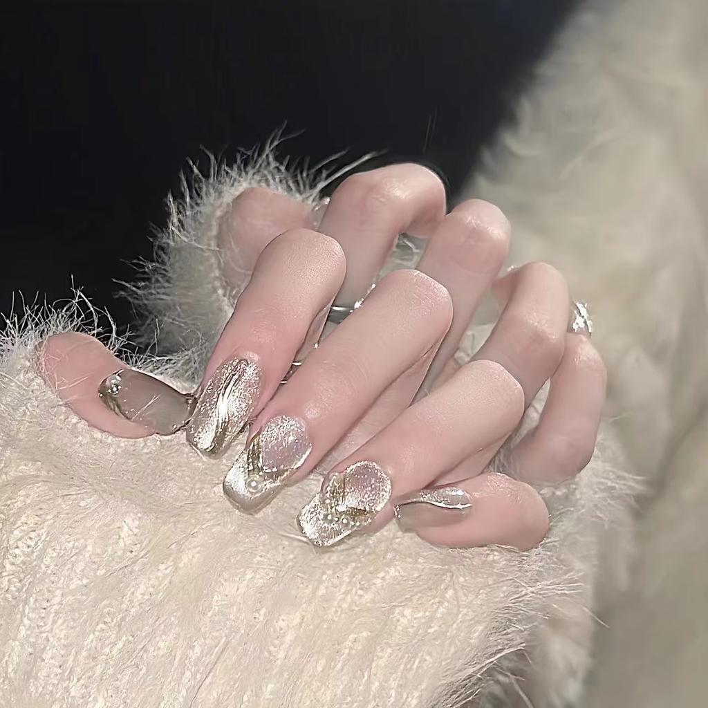Handmade Full Cover Finished Press on Nails High End French Crystal Cat Eye Nail Stickers Reusable Detachable