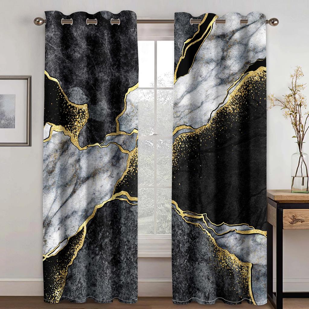 3D Modern Classic Marble Green Gold Elegant Gray 2 Panel Thin Shading Polyester Window Curtain for Bedroom Living Room Decor