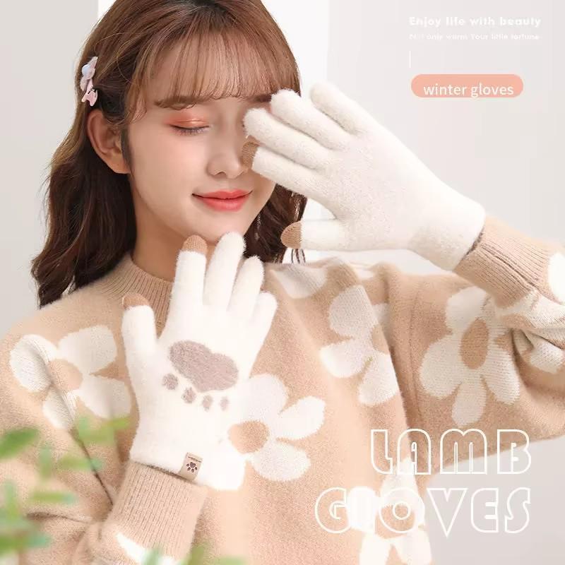 Зимние перчатки-царапки для кошек для женщин, плюшевые, с сенсорным экраном, вязаные, толстые, мягкие и пушистые, милые корейские перчатки на все пальцы