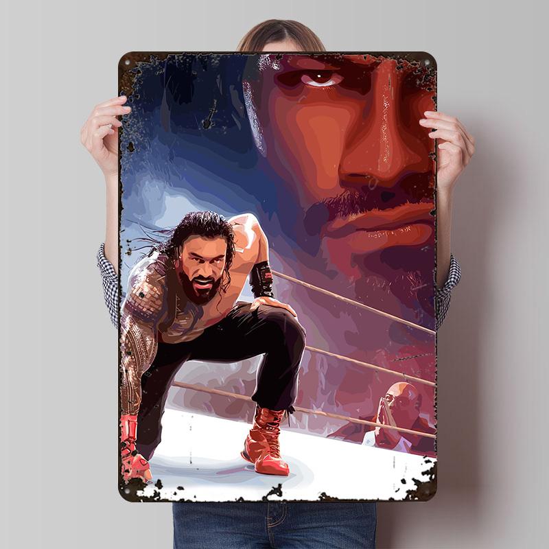 Roman Reigns Wrestling Illustration Metal Poster Customized Wall Art Retro Vintage Tinplate Signs for Man Cave Desk Decor House
