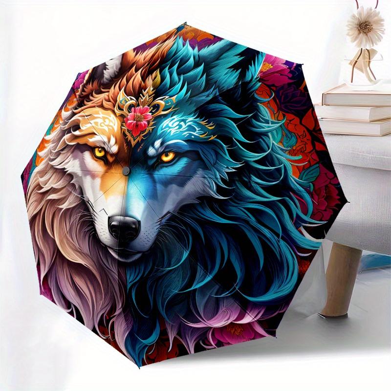 Colorful Wolf Head Circle Sticker Decal for Laptop Phone Tablet CarUmbrella, Portable 3-Fold Compact Umbrella for Men & Women Gift