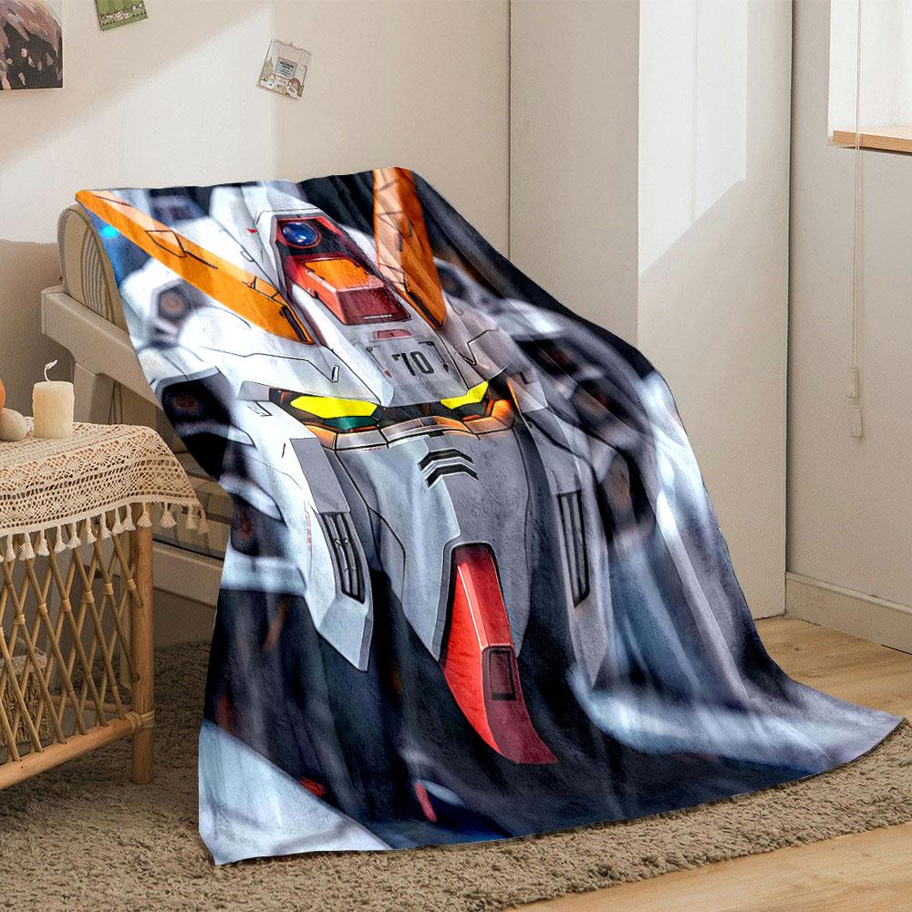 Robotic face design with angular features, orange accents, and glowing eyes. for all seasons blanket lunch break throw gift