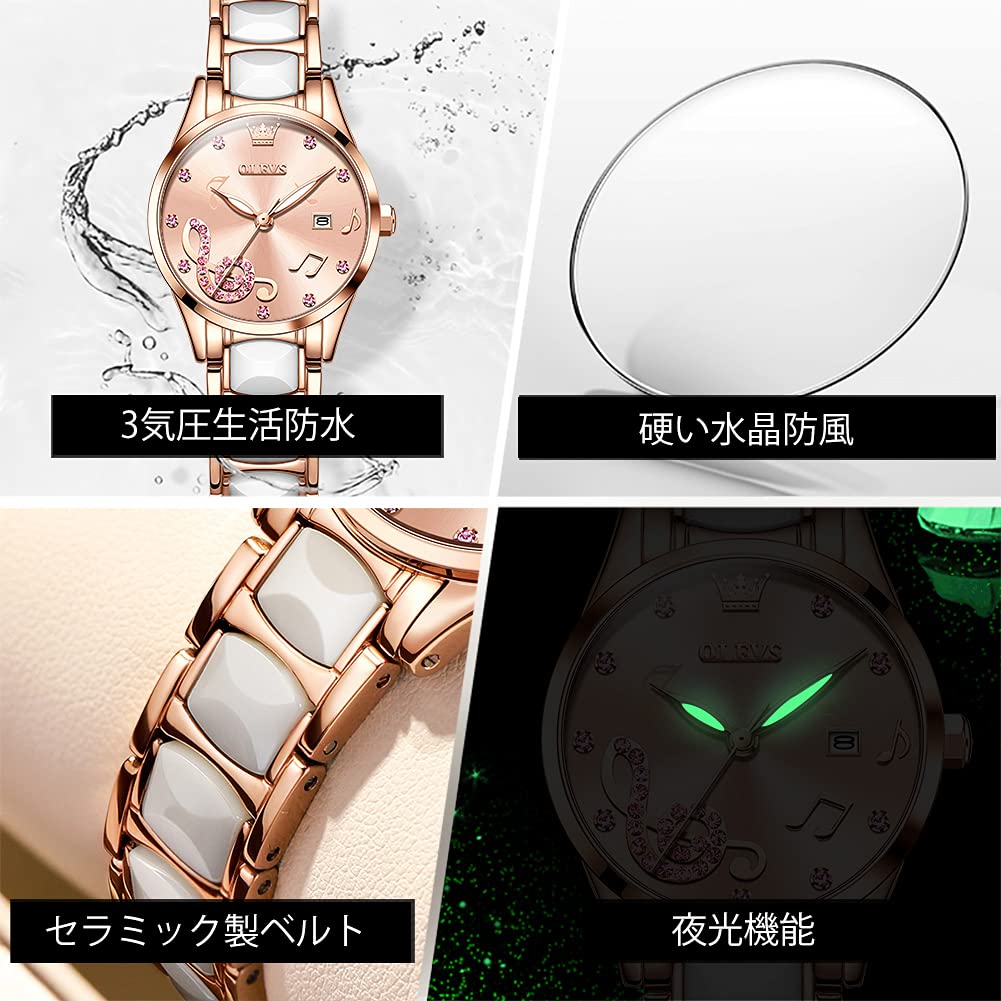 OLEVS Женские часы, розовые, симпатичные, популярные, водонепроницаемые, светящиеся, розовое золото, японский механизм, браслет в комплекте, керамика, легко читаемые, дата