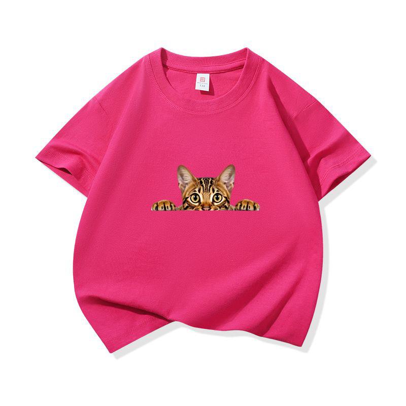 Kids Pure Cotton T Shirt Peeking Bengal Cat Print Crew Neck Short Sleeve Tee Casual Breathable Boys Girls Summer Tops