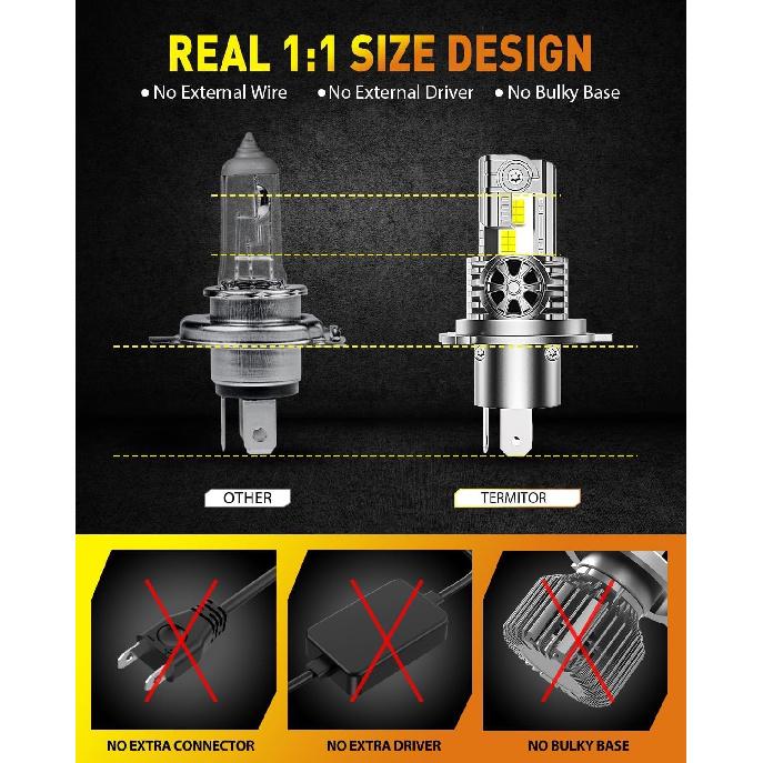 H4/9003/HB2 Bulb For Motorcycle, 15000LM 600% Super Brighter, 1:1 Halogen Size, 6500K Cool White, 60000Hrs Long Service Life With Cooling Fan, Plug