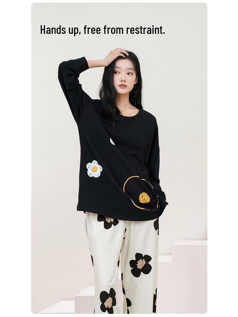 Женский пижамный комплект из чистого хлопка с длинными рукавами и нагрудными накладками — большой размер, весна/осень 2025 г.