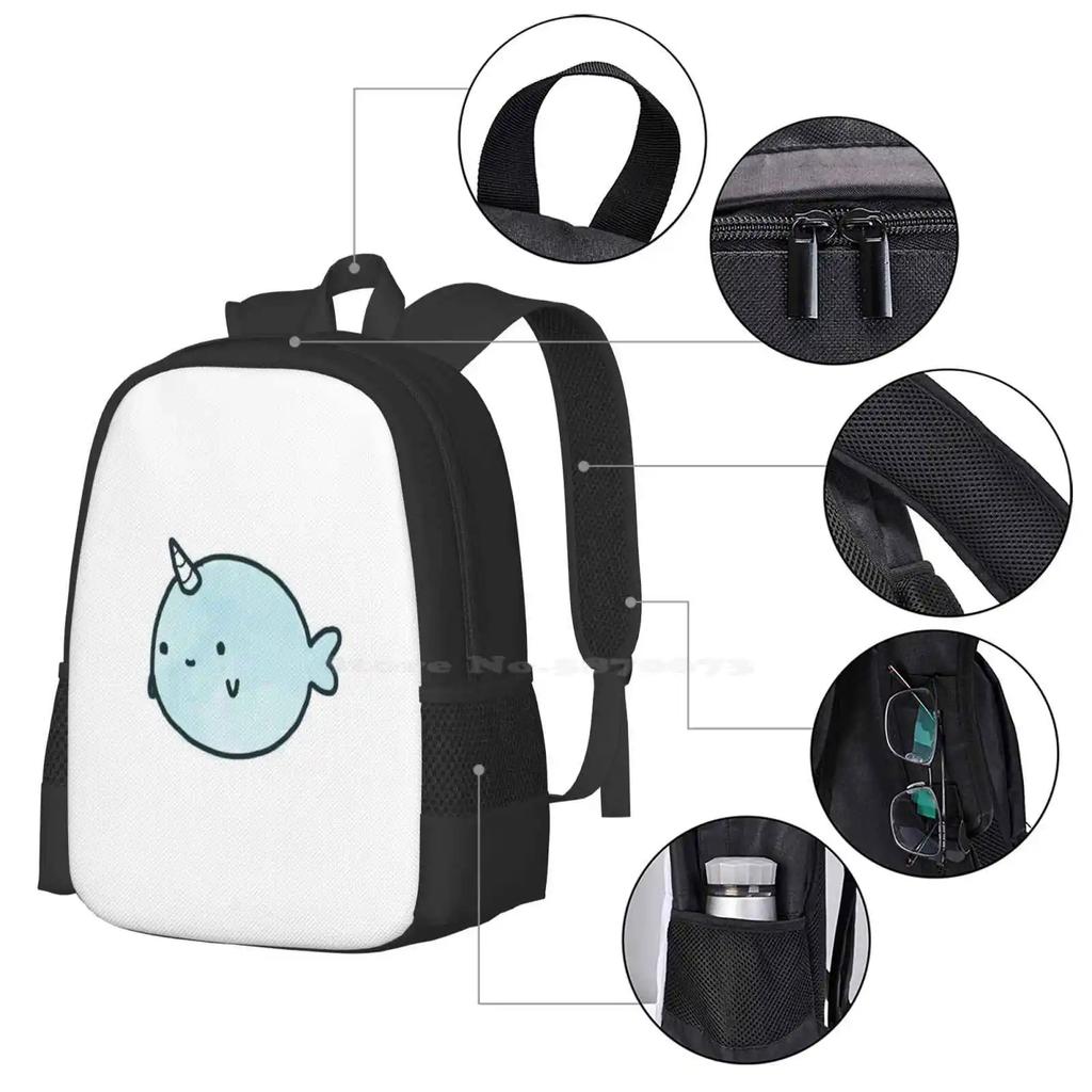 Narwhal Teen College Student Backpack Pattern Design Bags Whale Narwhal Ocean Animal Swimming Swimmer