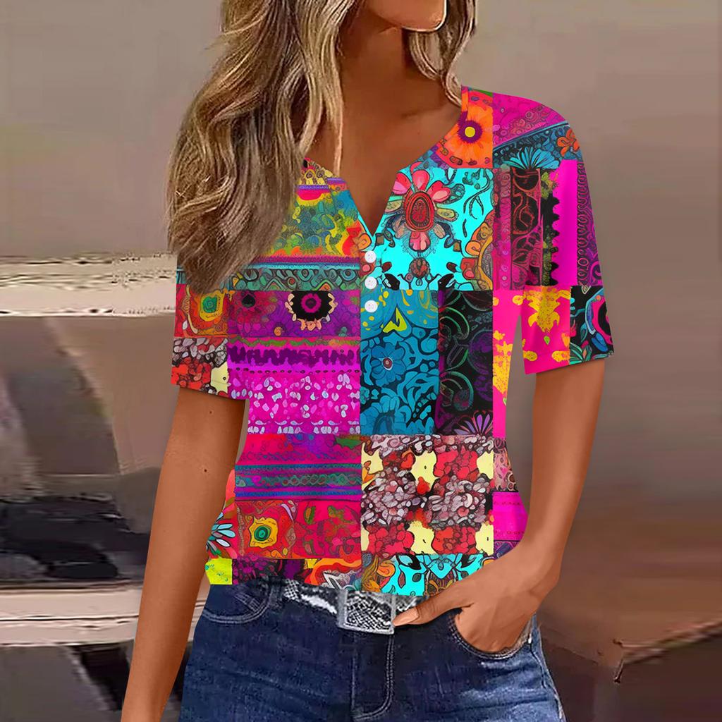 Жен. Футболка С принтом Пуговицы С короткими рукавами Повседневные Выходные Мода Классический Классический V-образный вырез Обычный Топ