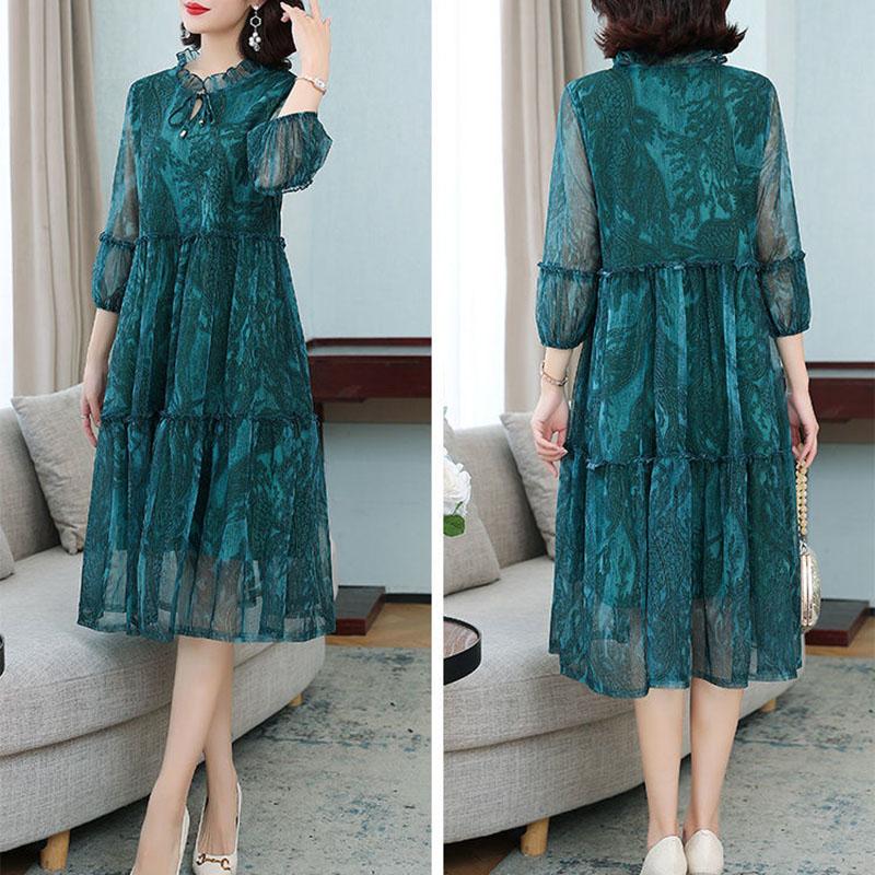 Женское летнее шифоновое платье больших размеров с принтом, свободное сетчатое платье трапециевидной формы