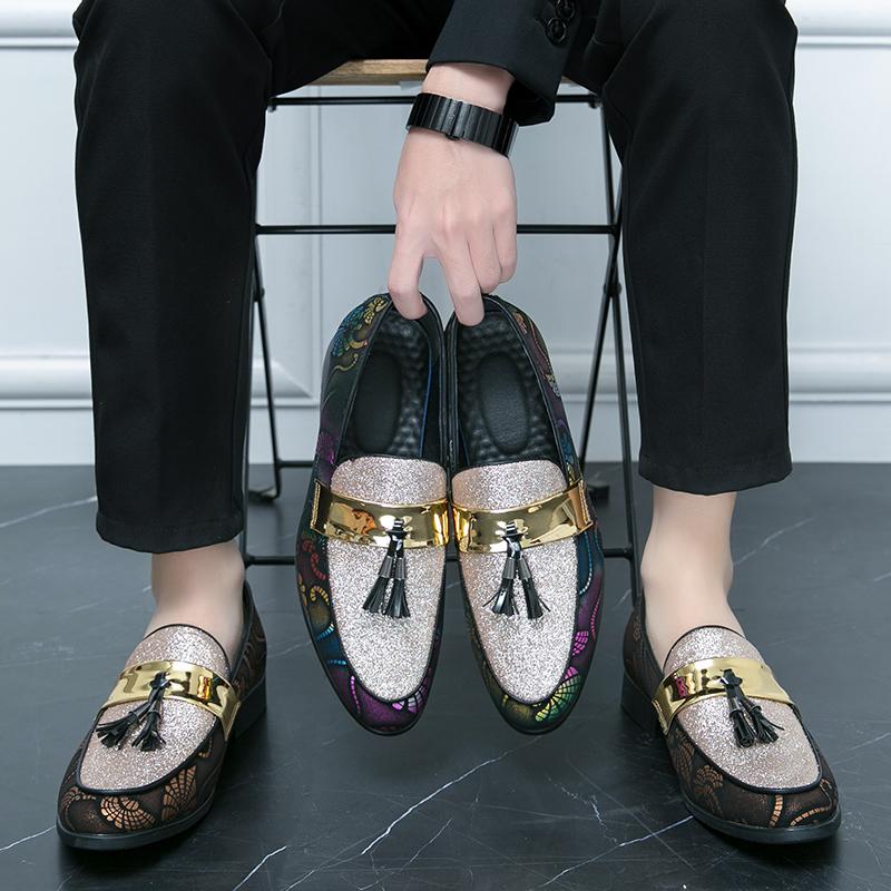Mens Spring Tassel Pointed Shoe Golden Nightclub Casual Shoes Loafers Mens Shoes Slip-on Lightweight  Shoes Zapatos De Hombre