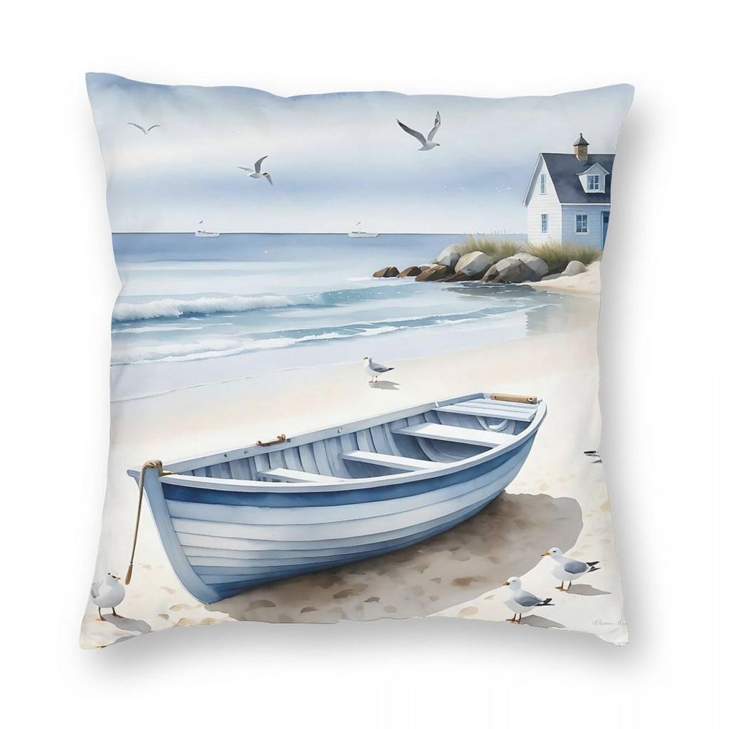 Beach House Charm Dinghy Seagulls Square Pillowcase Polyester Linen Velvet Printed Decor Pillow Case Sofa Seater Cushion Cover