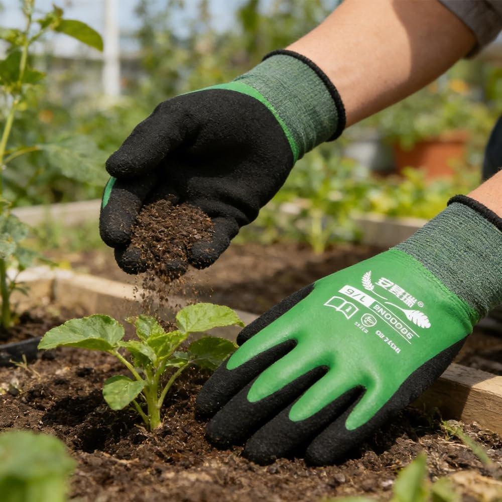 ANSAIRUI Double Latex Coated Gardening Gloves, Waterproof & Non-Slip Working Gloves, Durable 15-Gauge Polyester, Green, 250mm