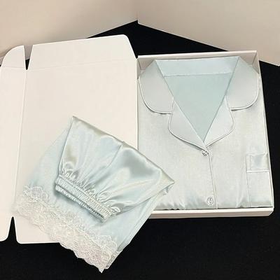 Сексуальная ночная одежда, женская пижама, комплект с короткими рукавами, шорты с отворотами, кардиган, женская домашняя одежда, сексуальное кружево, простая однотонная пижама