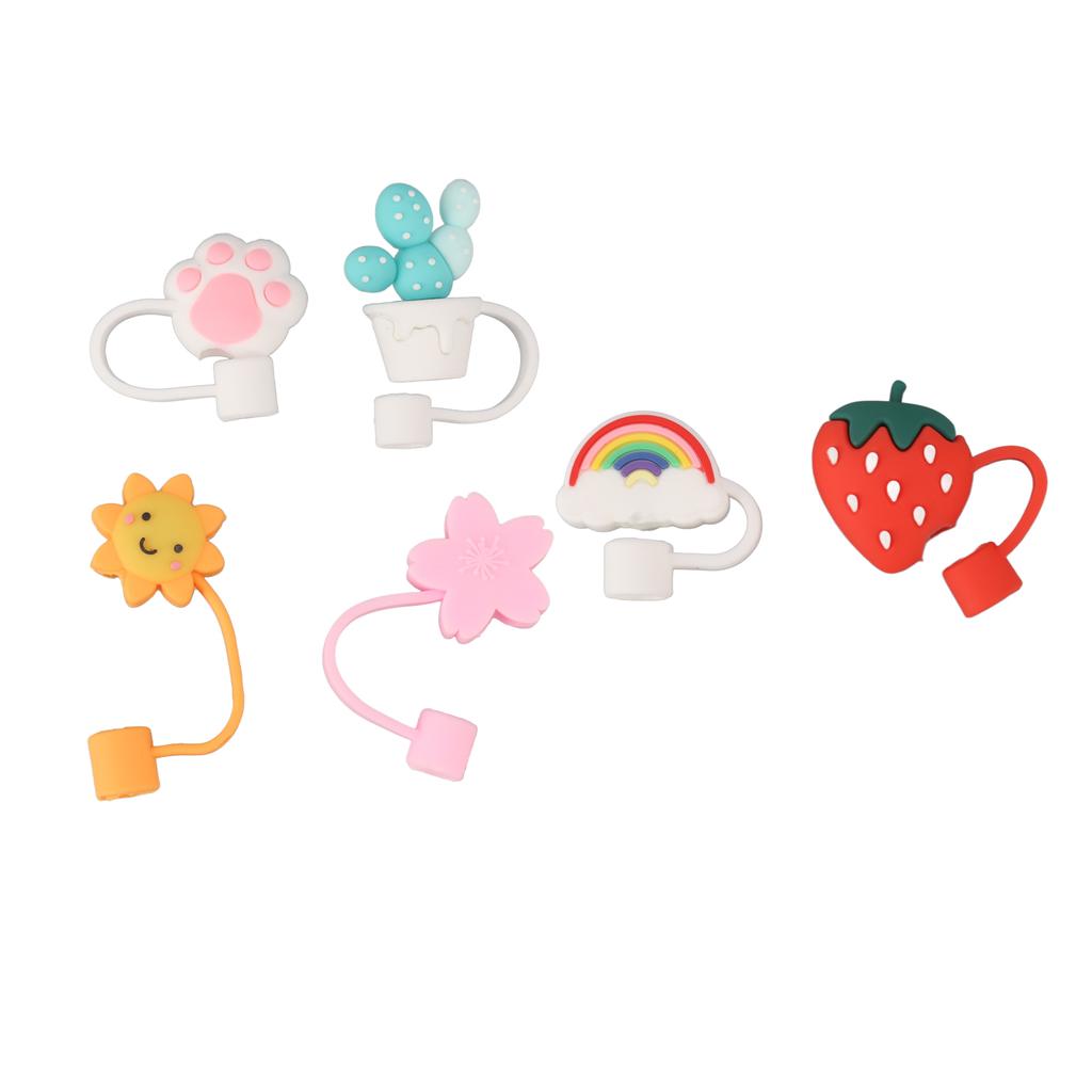 6Pcs Straw Cover Cap Cute Cartoon Reusable Silicone Toppers Drinking Tips Lids Plugs Type B