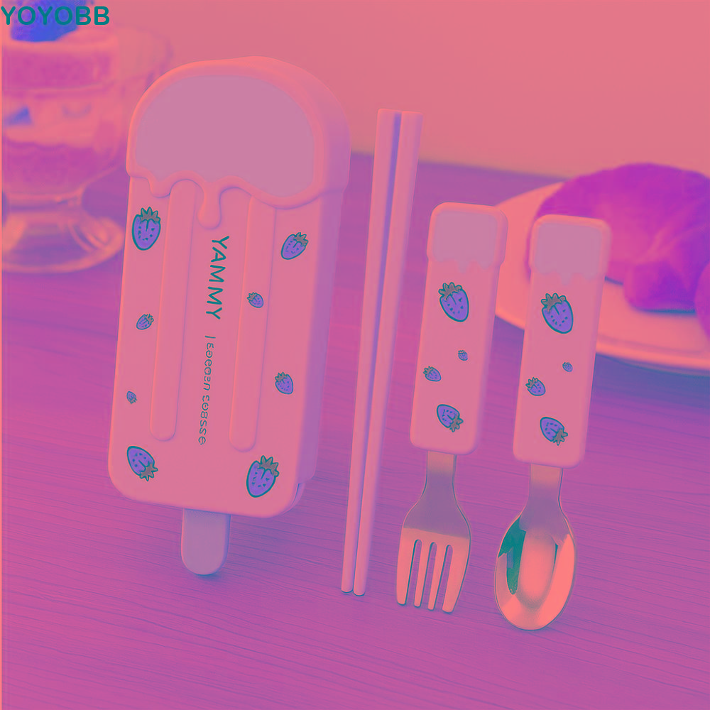 304 Stainless Steel Popsicle Tableware Set Cartoon Pattern Reusable Ice Cream Cutlery Set with Storage Box