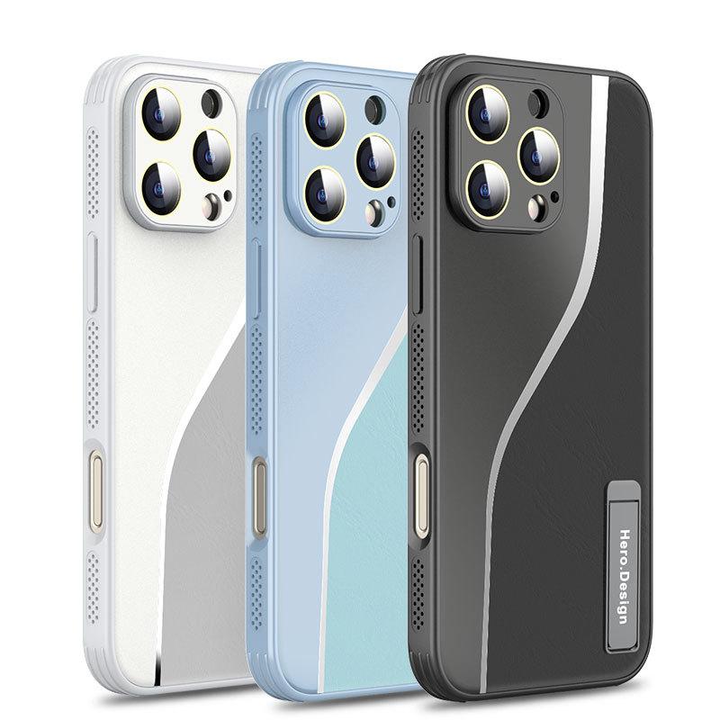 Подходит для iPhone16promax, чехол для мобильного телефона с кожаным узором, рассеивающий тепло, Apple 15, невидимый кронштейн 14 с защитной пленкой для объектива, защищающей от падения