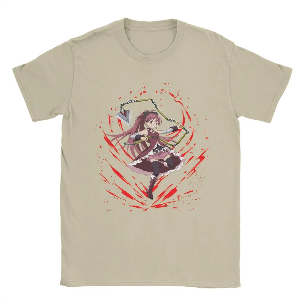 Puella Magi Madoka Magica Киоко Сакура Цепное копье и Красная аура Принт Футболка | Унисекс Хлопок Повседневный Короткий рукав Аниме Уличная одежда Топ