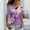 Летний топ с круглым вырезом и 3D-цветочным принтом, модные повседневные женские футболки с короткими рукавами