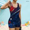 Women Plus Size One Piece Boyshort Swimsuit Square Neck Wide Straps Star Printed Red White Blue